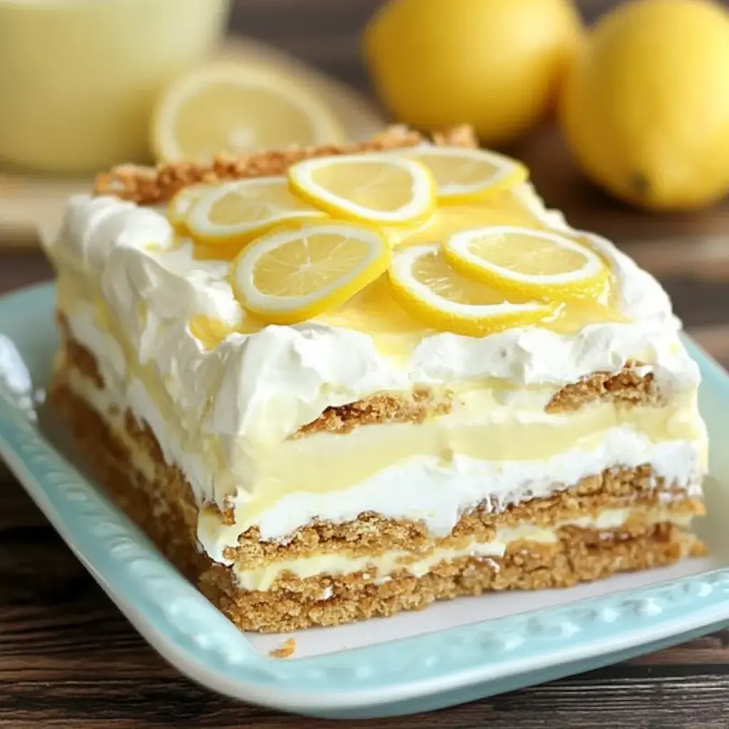 A slice of lemon-layered dessert topped with lemon slices, served on a turquoise plate, with whole lemons and a bowl in the background.