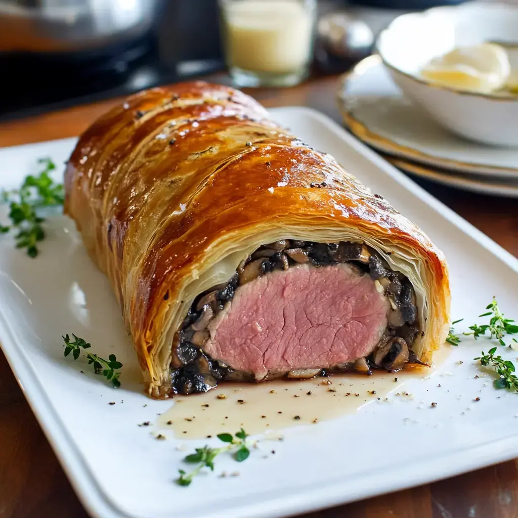 A perfectly cooked beef wellington, with golden pastry surrounding a tender slice of beef and a mushroom filling, is displayed on a white platter garnished with fresh thyme.