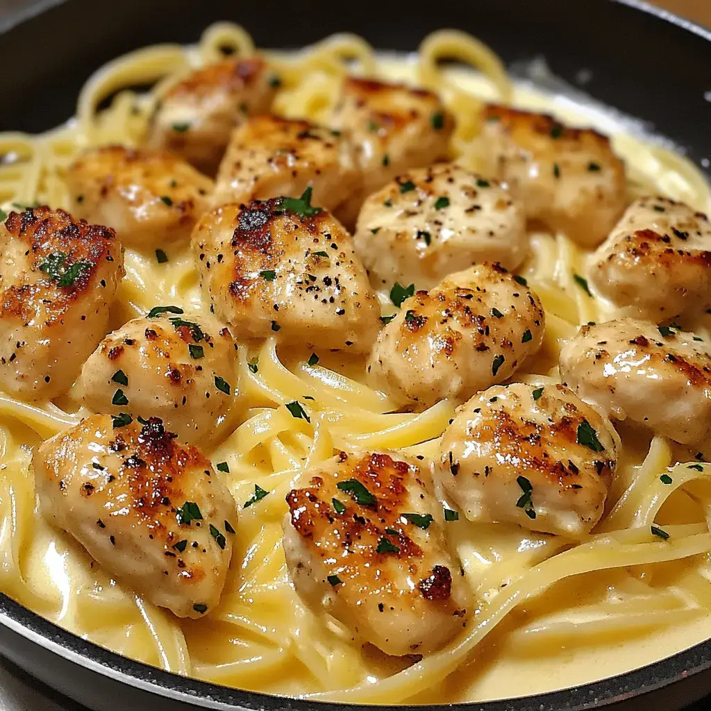 A skillet filled with golden-brown cooked chicken pieces resting on a bed of creamy fettuccine pasta, garnished with parsley.