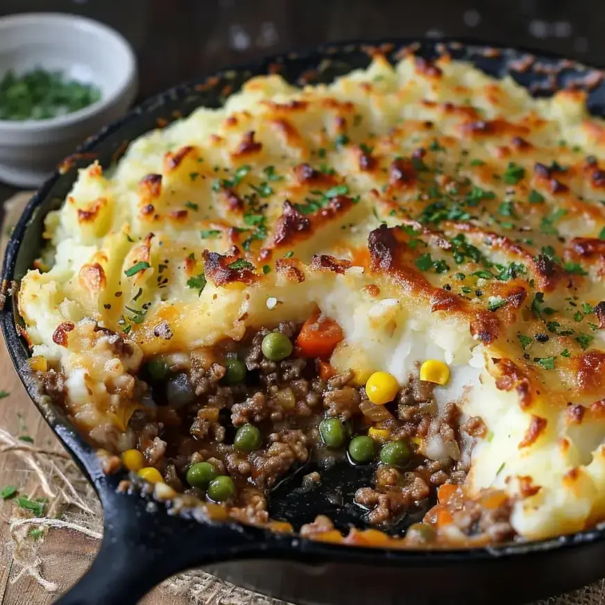 A skillet of shepherd's pie with a golden-brown mashed potato topping and filling of ground meat and mixed vegetables.