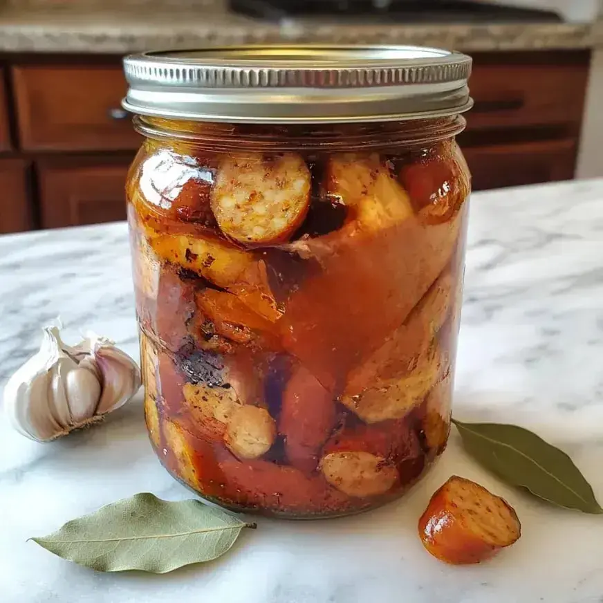 A jar filled with preserved vegetables, including sliced carrots and garlic, sits on a marble surface beside bay leaves and a bulb of garlic.