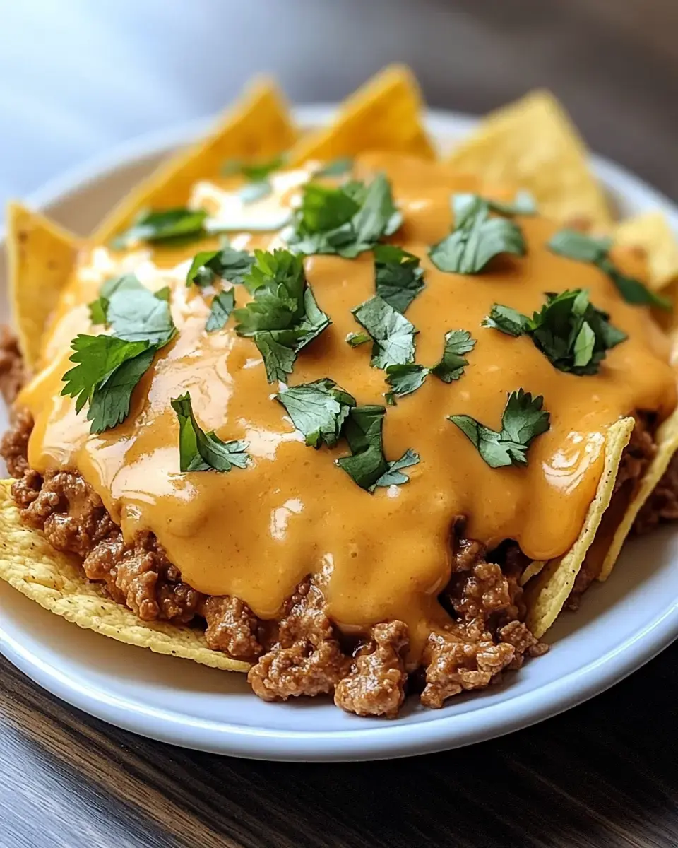 A plate of nachos topped with seasoned ground meat, melted cheese sauce, and fresh cilantro.