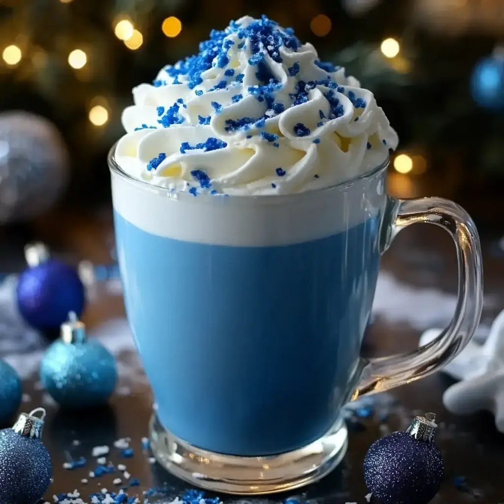 A glass mug filled with blue drink topped with whipped cream and blue sugar sprinkles, surrounded by holiday ornaments and soft lights.