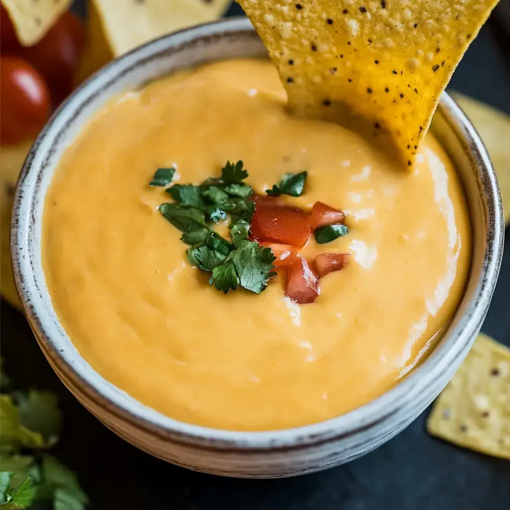 A bowl of creamy cheese dip topped with cilantro and diced tomatoes, with a tortilla chip resting on the rim.