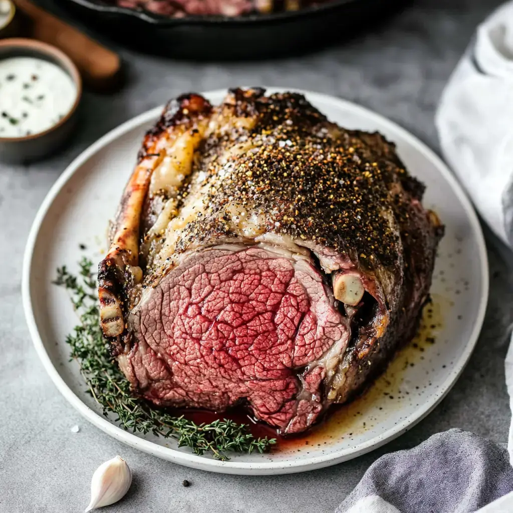 A beautifully roasted ribeye, seasoned with pepper and herbs, resting on a white plate with sprigs of thyme and a garlic clove nearby.