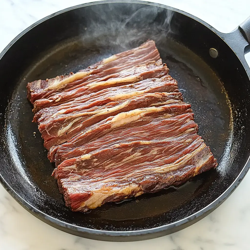 A sizzling piece of marbled meat is cooking in a black frying pan, releasing steam.