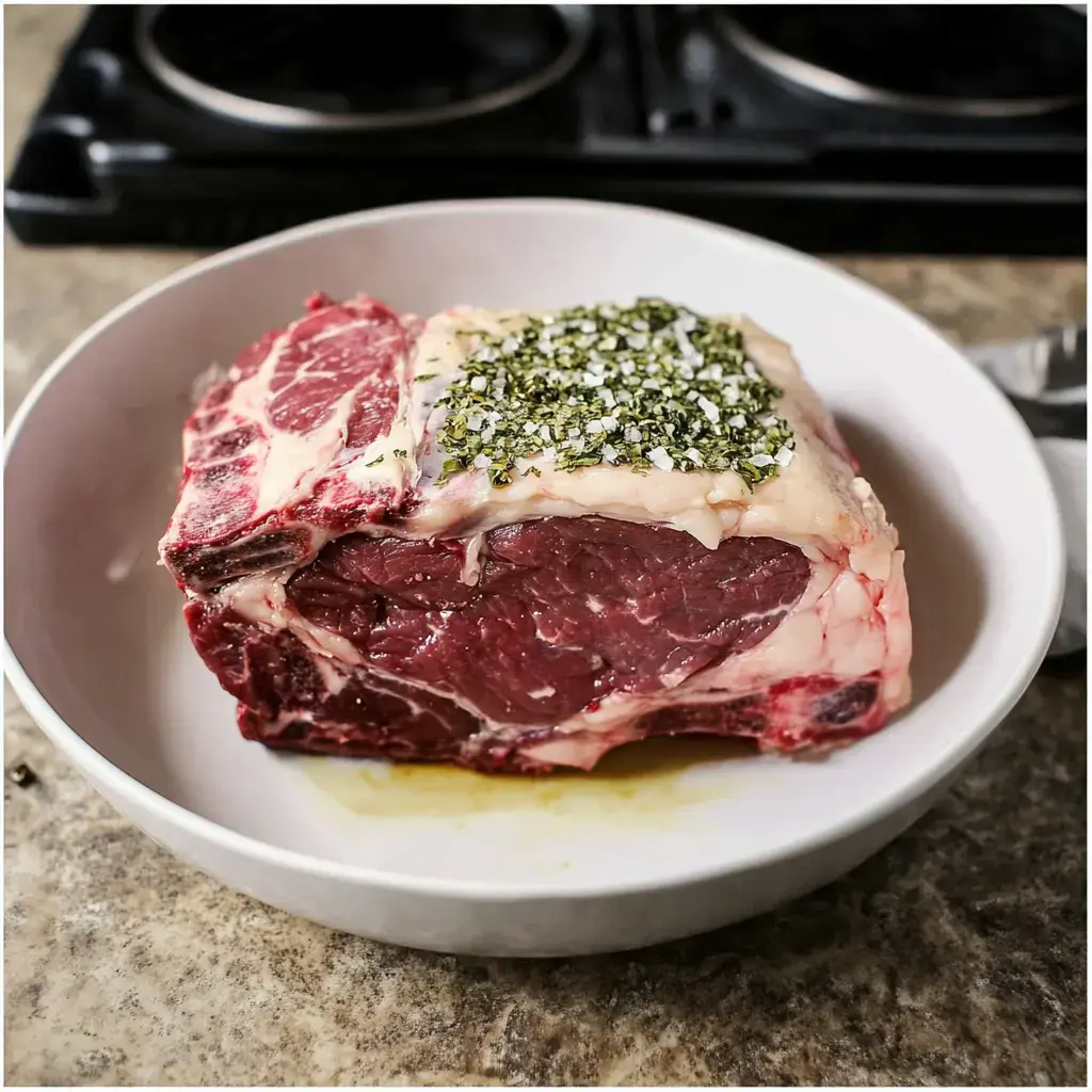 A large cut of raw beef is placed in a white bowl, topped with herbs and salt, and surrounded by a kitchen countertop.