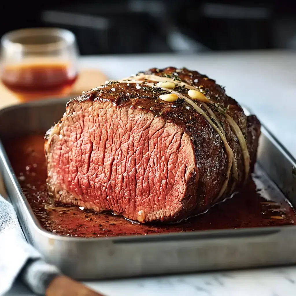 A perfectly cooked roast beef with a golden-brown crust, resting in its juices on a metal tray, accompanied by a glass of sauce in the background.