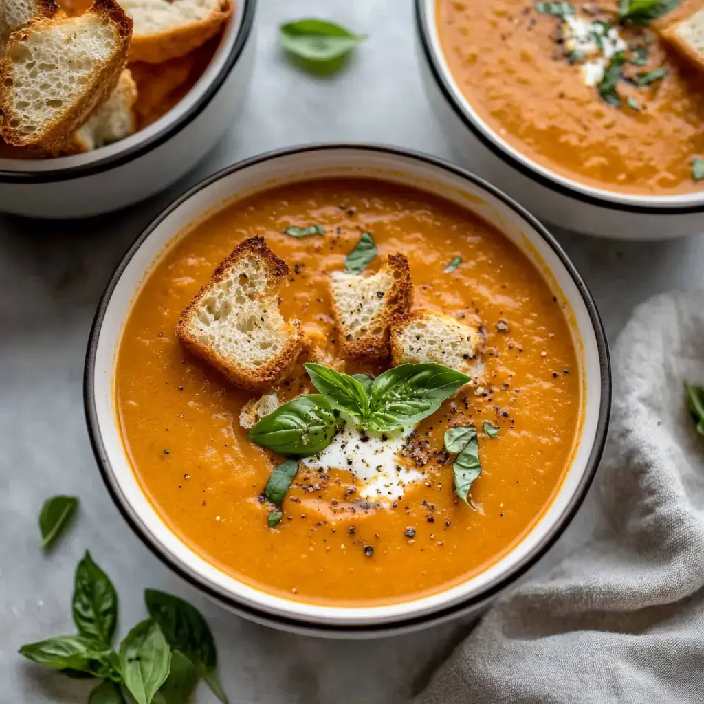 A bowl of creamy tomato soup garnished with croutons, fresh basil, and a dollop of cream, with another bowl in the background.