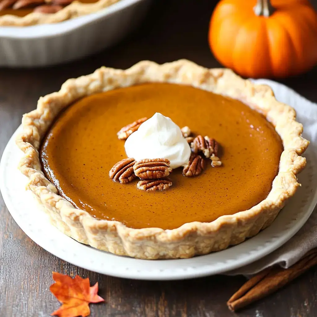 A pumpkin pie topped with whipped cream and pecans sits on a plate, accompanied by a small pumpkin and a cinnamon stick.