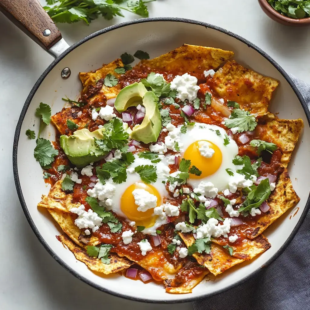 A skillet filled with chilaquiles topped with two sunny-side-up eggs, avocado slices, red onion, cilantro, and crumbled cheese in a rich sauce.