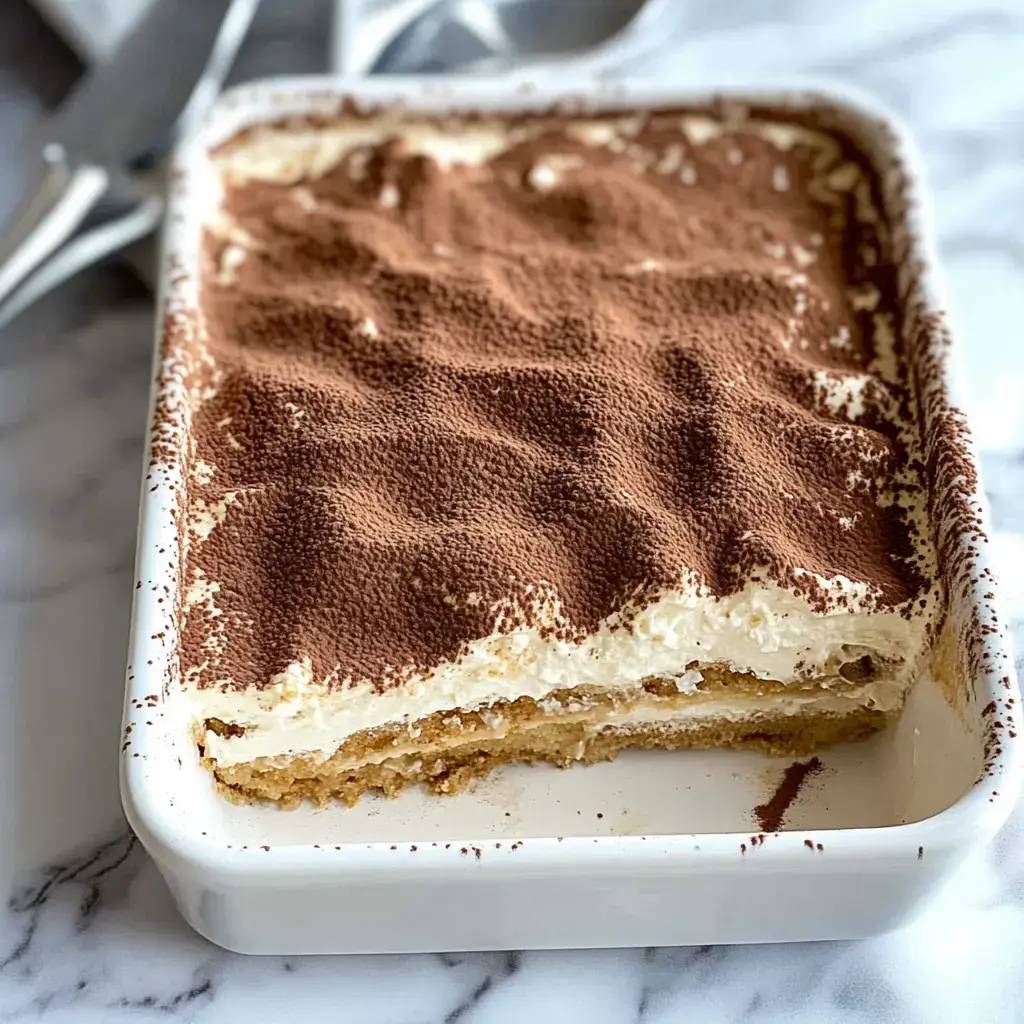 A rectangular dish of tiramisu with a layer of cocoa powder on top, showing a sliced portion revealing creamy layers underneath.