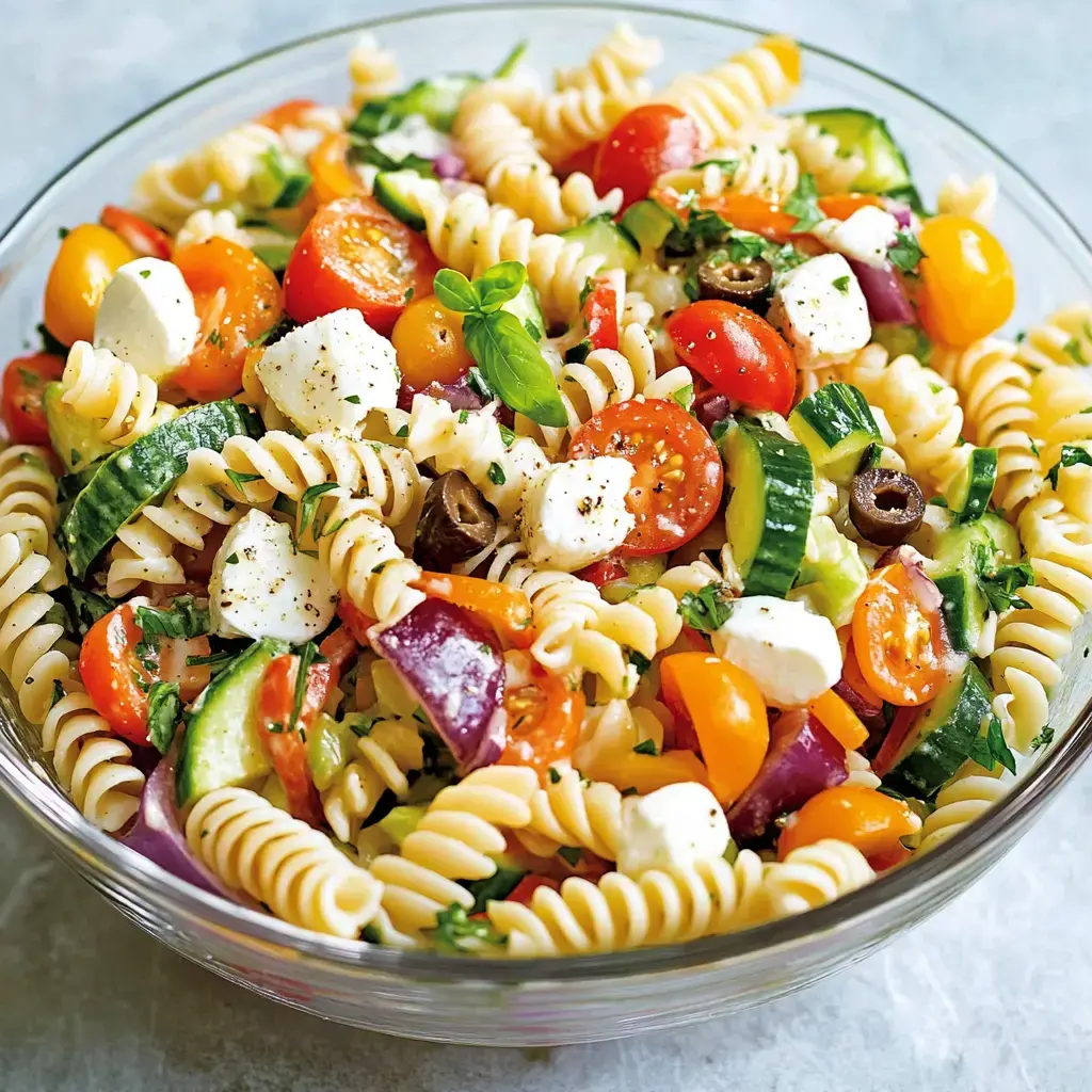 A vibrant bowl of rotini pasta salad mixed with cherry tomatoes, mozzarella, cucumbers, olives, bell peppers, and fresh basil.