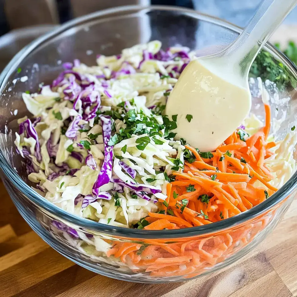 A glass bowl filled with shredded purple and green cabbage, grated carrots, and chopped parsley, with a spoon mixing in some dressing.