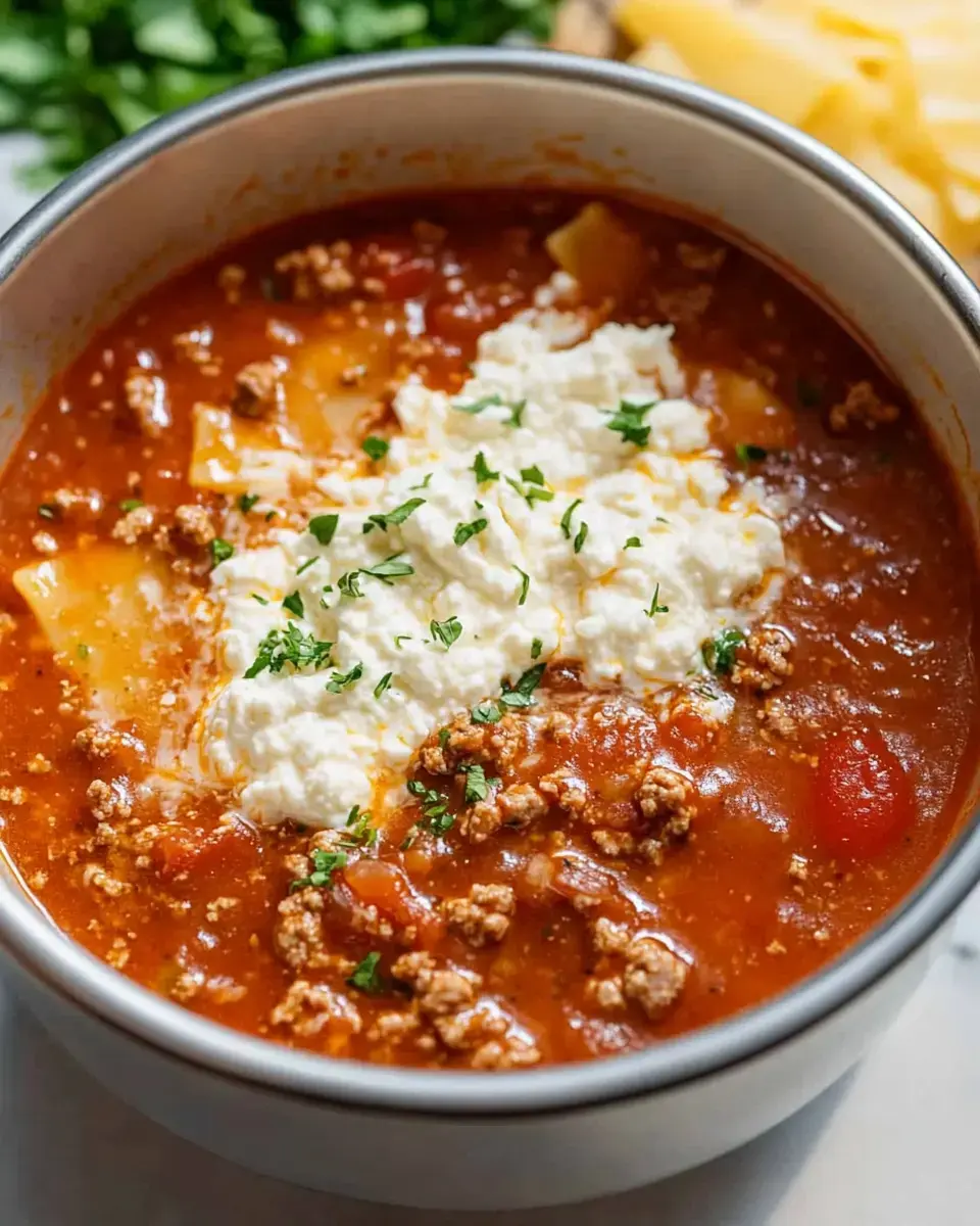 A bowl of lasagna soup topped with ricotta cheese and garnished with parsley.