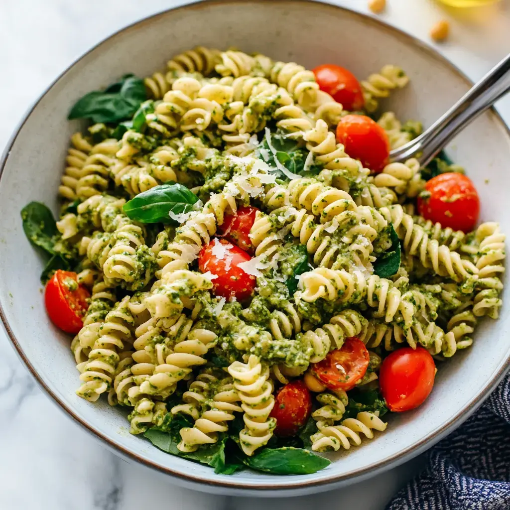 A bowl of spiral pasta tossed in pesto sauce, mixed with fresh basil leaves and cherry tomatoes, topped with grated cheese.