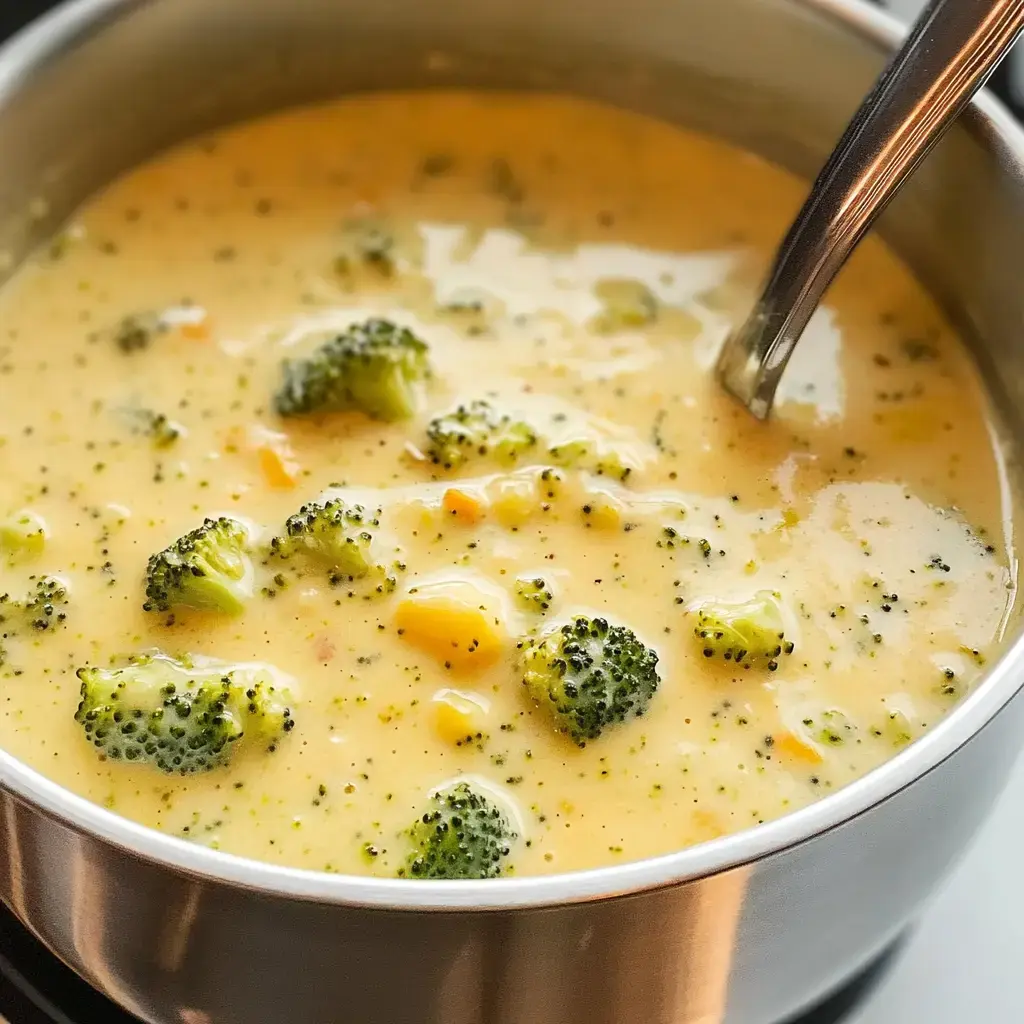 A close-up of a pot filled with creamy broccoli soup, featuring chunks of broccoli and a silver spoon.