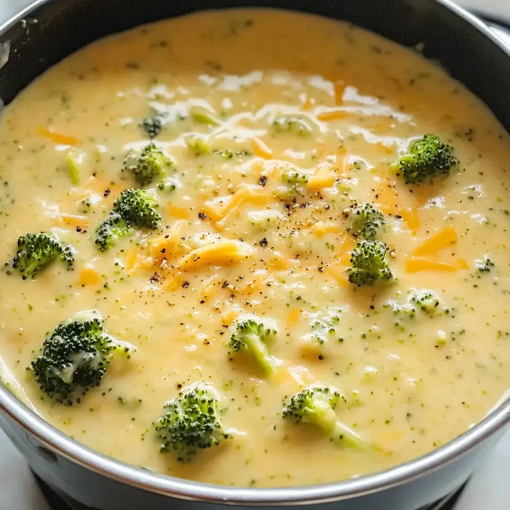 A creamy broccoli cheddar soup topped with shredded cheese and black pepper in a pot.