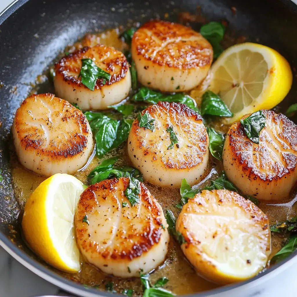 A skillet contains beautifully seared scallops garnished with fresh herbs and lemon wedges.