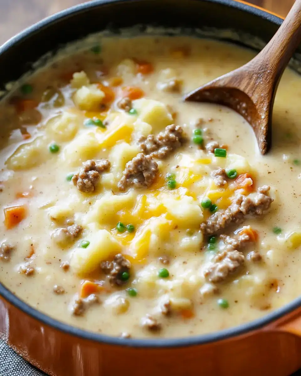 A creamy soup with ground meat, diced potatoes, vegetables, and cheese is being stirred with a wooden spoon in a pot.