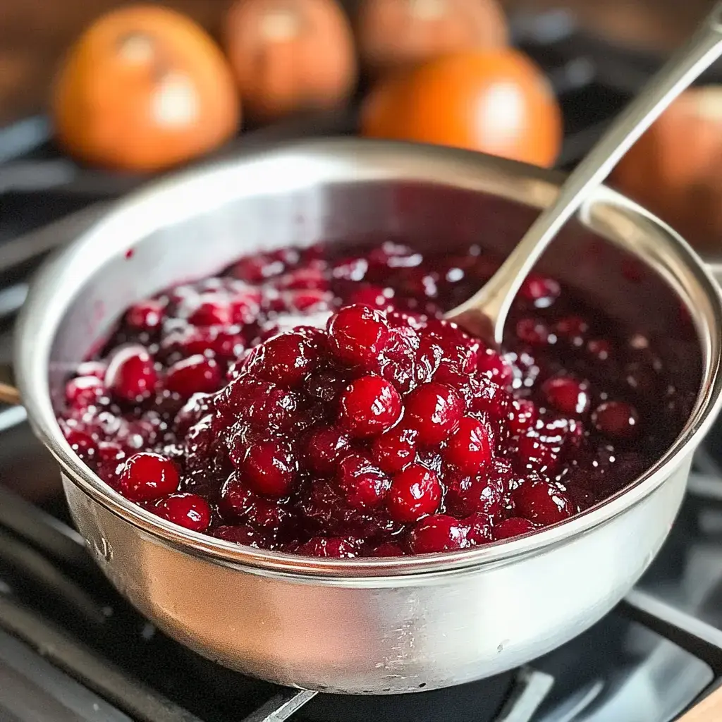 A stainless steel pot filled with glossy cranberry sauce sits on a stove, with some whole cranberries visible and oranges in the background.