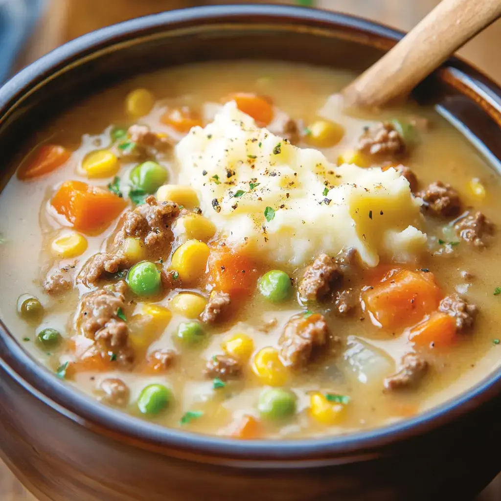 A bowl of hearty beef stew with colorful vegetables, topped with a dollop of mashed potatoes and sprinkled with herbs.