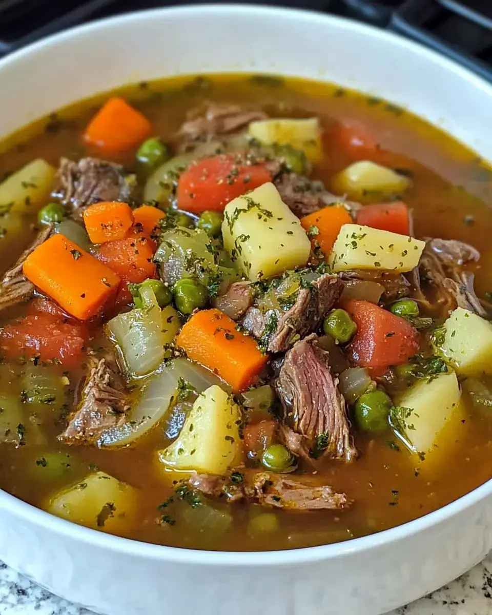 A hearty bowl of vegetable and beef stew featuring chunks of carrots, potatoes, peas, and tender meat in a rich broth.