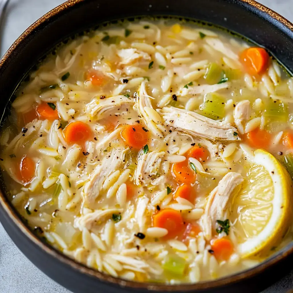 A bowl of chicken soup with orzo, shredded chicken, carrots, celery, and a lemon wedge.