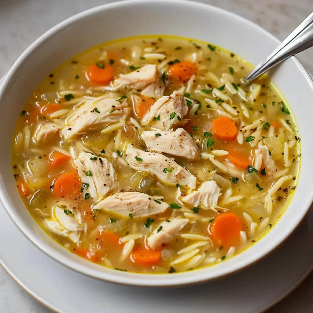 A bowl of chicken soup with shredded chicken, carrots, orzo pasta, and green herbs in a savory broth.