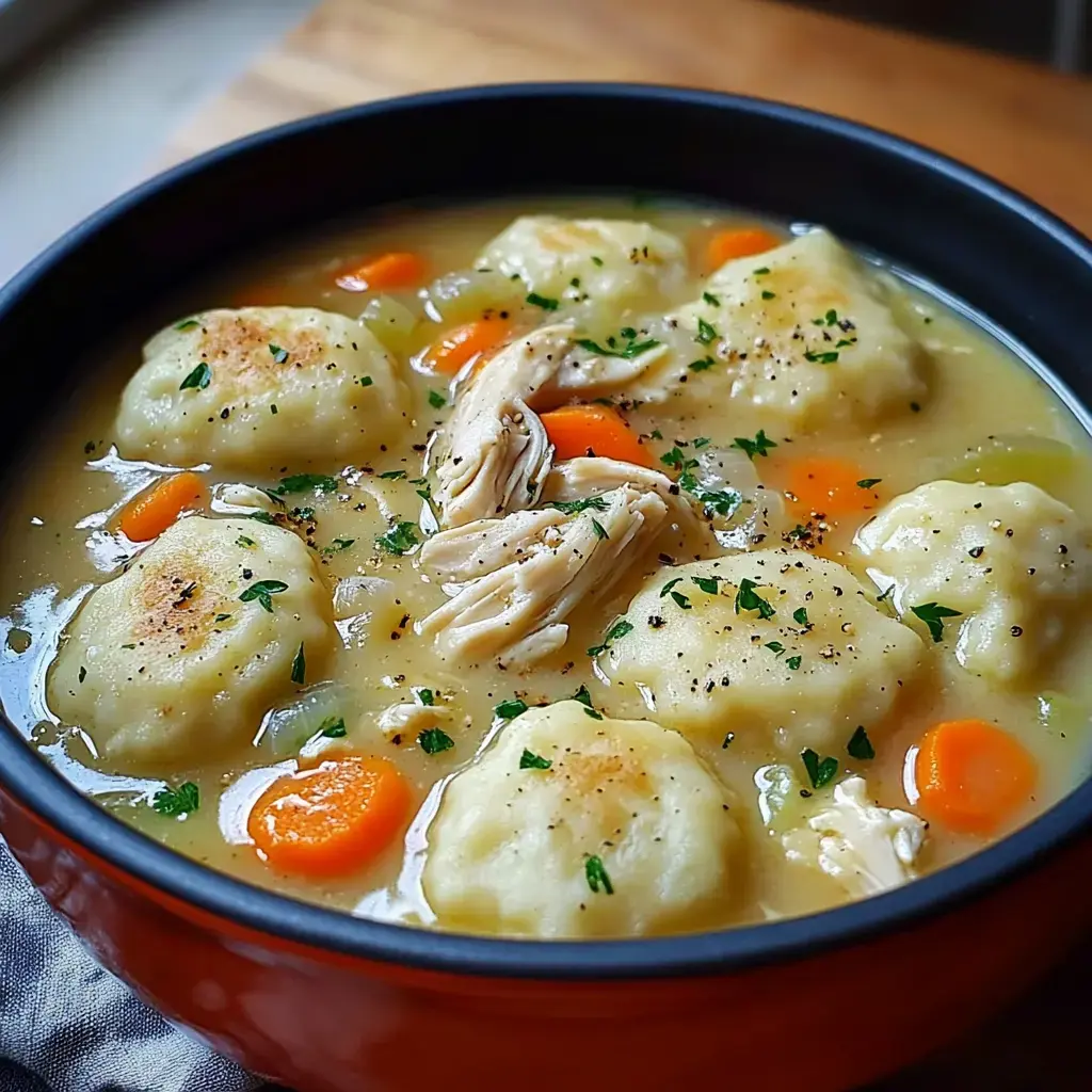 A close-up view of a bowl of chicken and dumpling soup featuring tender chicken, fluffy dumplings, and colorful carrots in a savory broth, garnished with herbs.