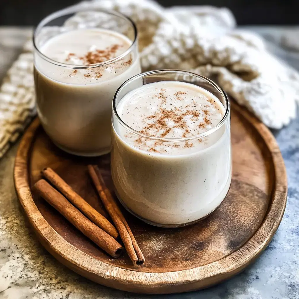 Two glasses of creamy beverage with a sprinkle of cinnamon sit on a wooden tray alongside a few cinnamon sticks.