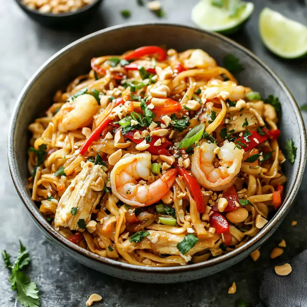 A bowl of shrimp and chicken stir-fried noodles garnished with peanuts, cilantro, and red peppers.