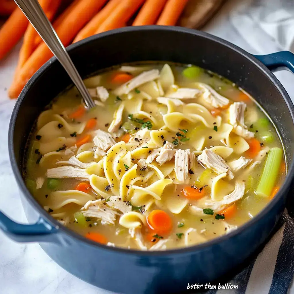 A dark blue pot filled with chicken noodle soup, featuring spiral pasta, shredded chicken, carrots, and herbs, is set against a backdrop of fresh carrots.