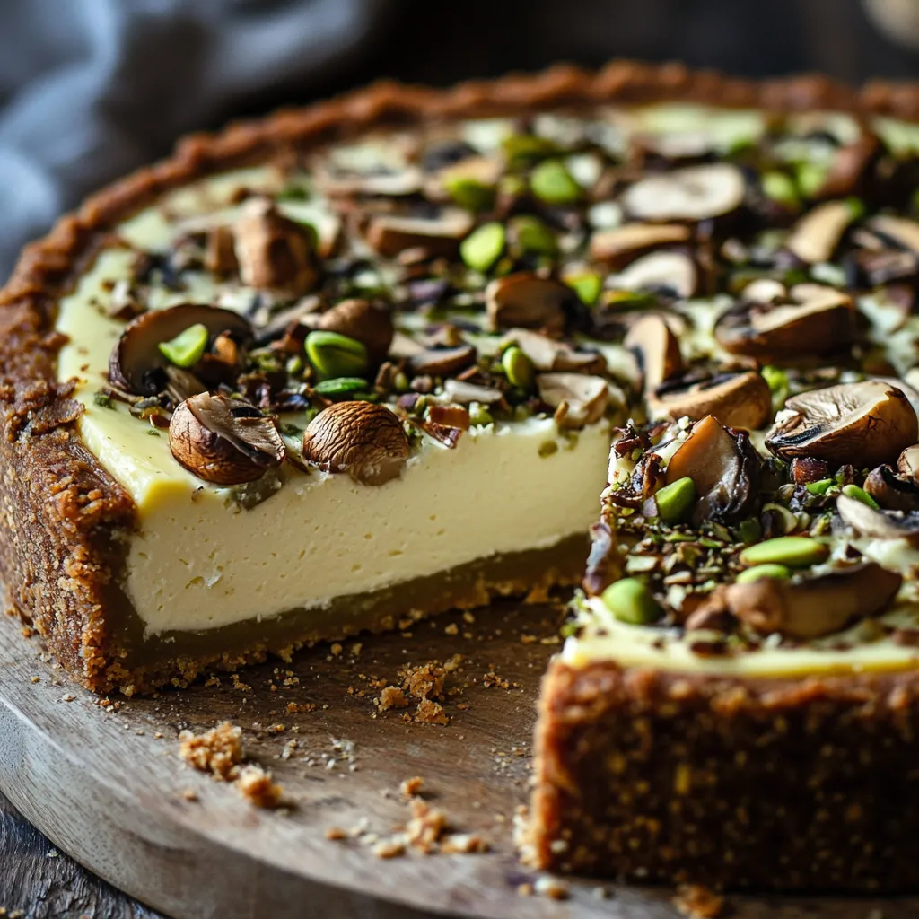 Pistachio and Mushroom Cheesecake with Feta & Parmesan Crust