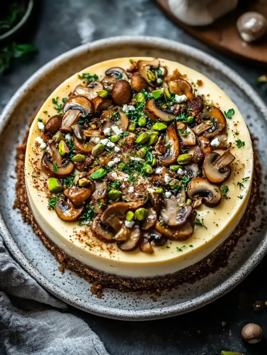 Pistachio and Mushroom Cheesecake with Feta & Parmesan Crust