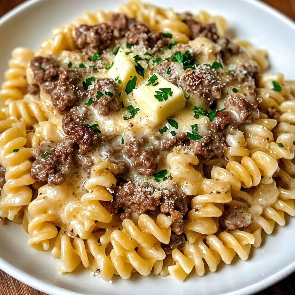 Creamy Beef and Rotini in Garlic Parmesan Sauce