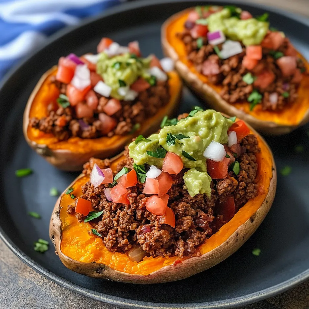 Two slices of baked sweet potato with meat and salsa on top.
