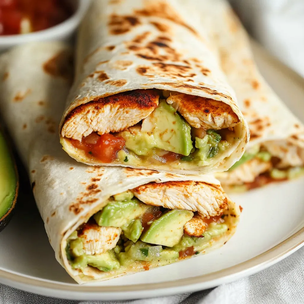 A plate with two chicken burritos and a bowl of salsa.