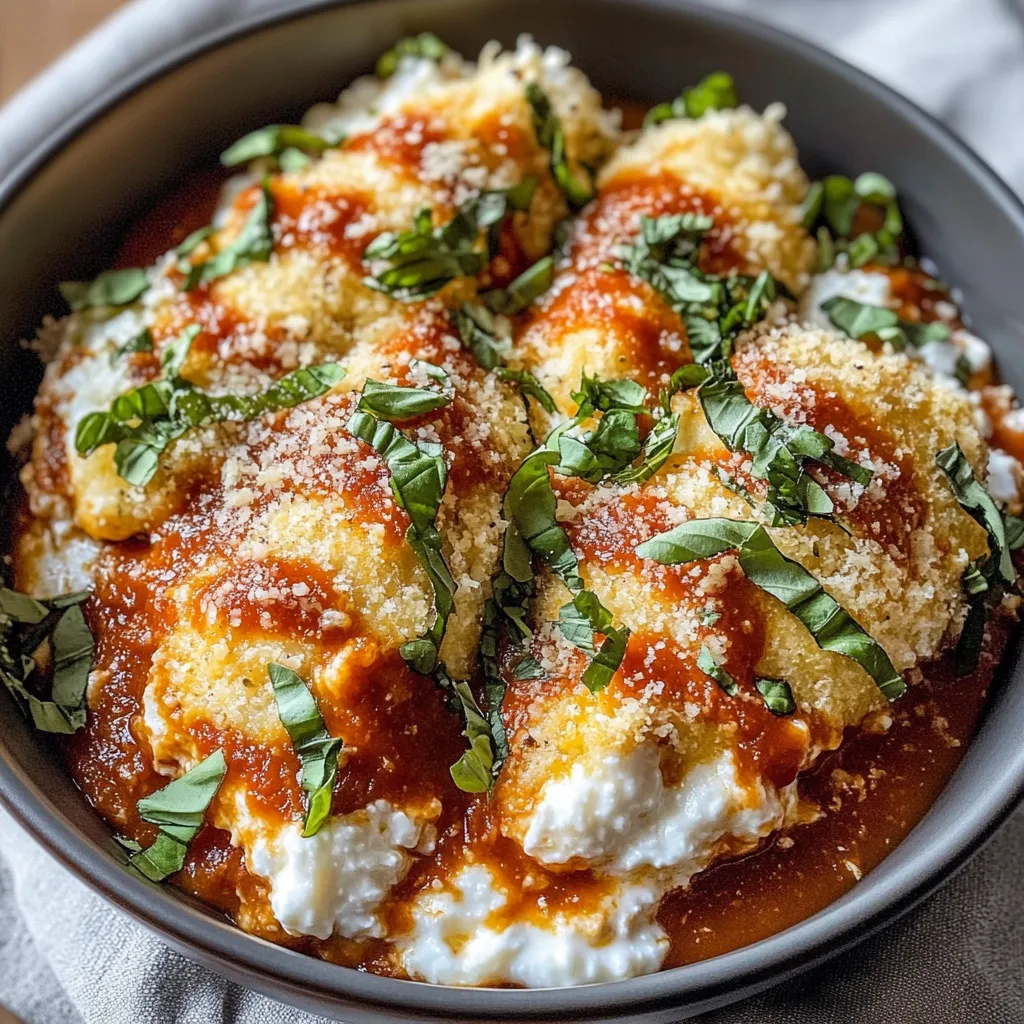 A bowl of food with sauce and cheese.