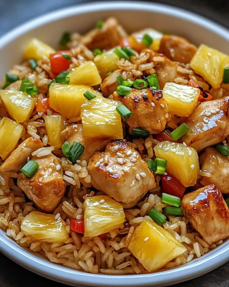 A bowl of rice with chicken and pineapple.