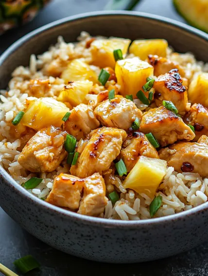 A bowl of rice with chicken and pineapple.