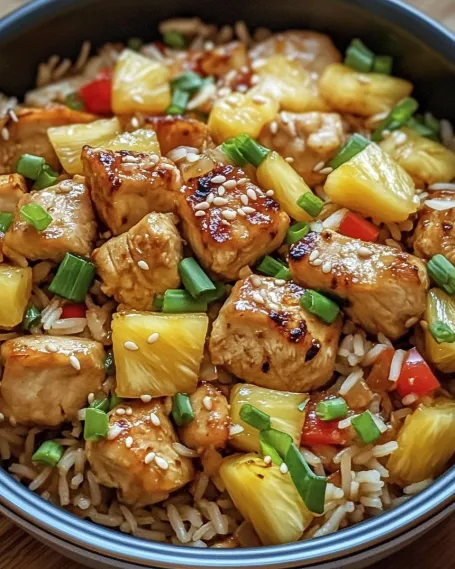 A bowl of rice with chicken and vegetables.
