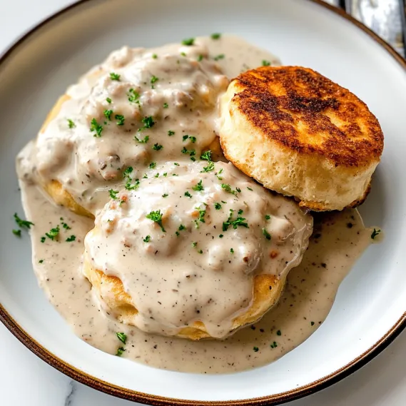 A plate of food with gravy.