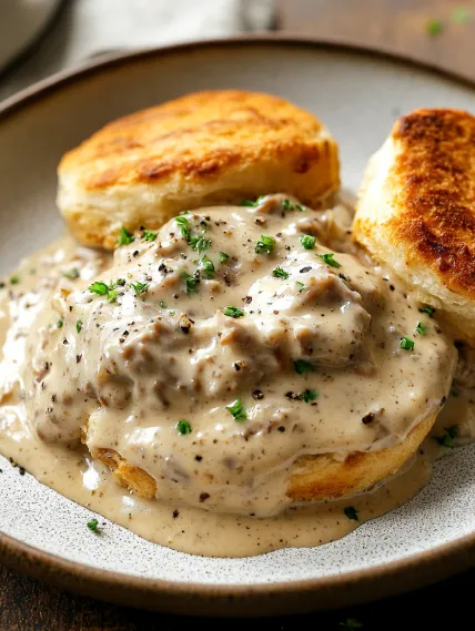 A plate of food with biscuits and gravy.