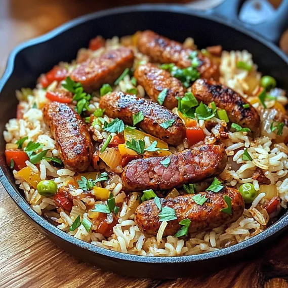 A pan of rice with sausage and peppers.