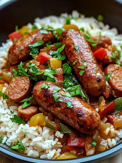 A bowl of rice with sausage and peppers.