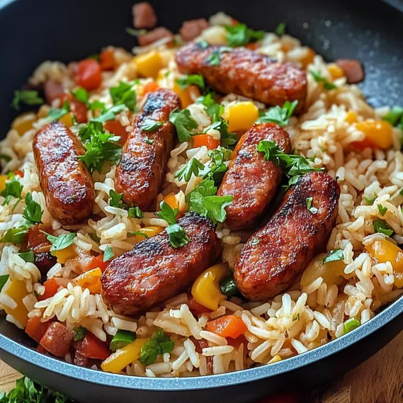 A plate of food with rice and sausage.
