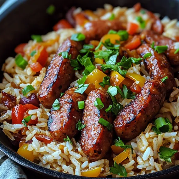 A bowl of rice with sausage and peppers.