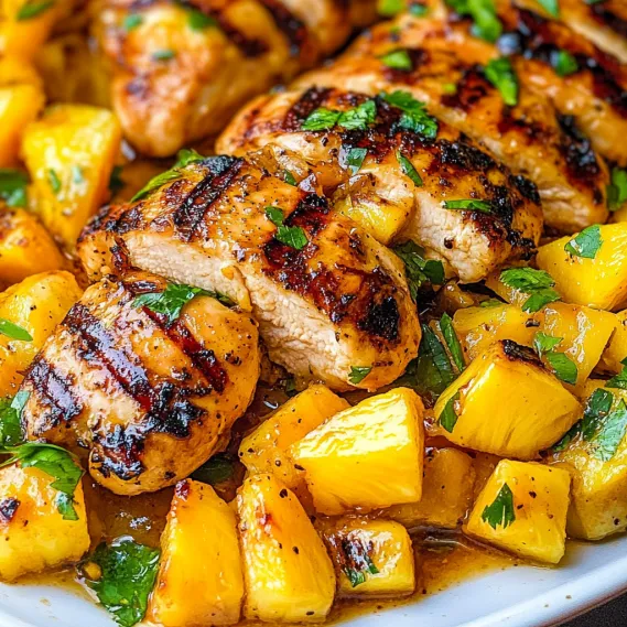 A plate of food with chicken and pineapple.