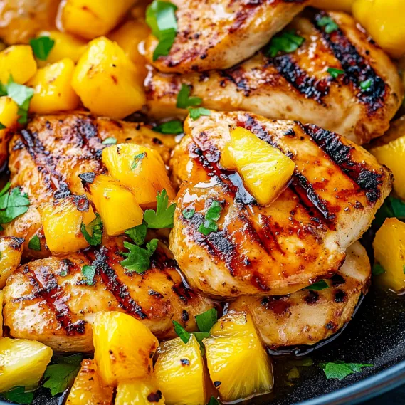 A plate of food with chicken and pineapple.